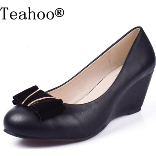 2017 Women Fashion Comfortable Wedges Shoes Heels Round Head Black High Heels For Women Soft Pumps Bowtie Casual Working Shoe 41