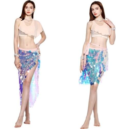 Women Belly Dance Costume Fish Scale Sequins Hip Scarf Practice Waist Chain Bellydance Hip Towel Mermaid Dancing Top Belt Skirt