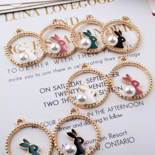 10pcs/lot Pearl Rabbits Enamel Charms DIY Gold Alloy Pendant Drop Oil Animals Finding Earring Braceles Jewelry Accessories YZ256