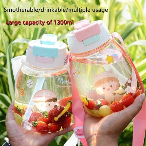 1300ML Plastic Double Drinking Cup Childrens Portable Strap Water Bottle Men and Women Straw Water Cup Sports Water Bottle