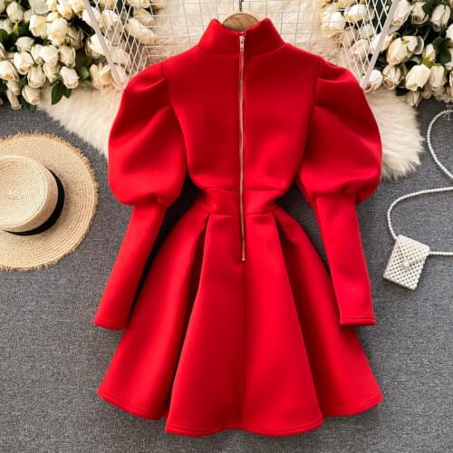 2021 Autumn Winter Puff Long Sleeve Dresses For Women Party Christmas Turtleneck Slim A-Line Elegant New Year Woman Red Dress