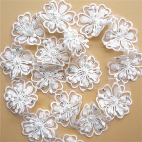 3 yard White Cotton Pearl Rhinestones Flower Embroidered Lace Trim Ribbon Fabric Handmade Sewing Supplies Craft Gift Decoration