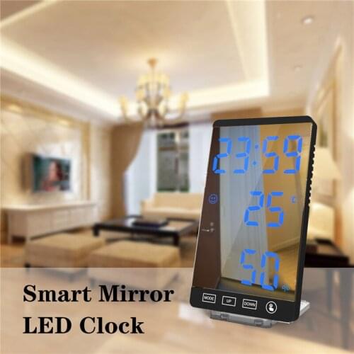 6 Inch Touch Button Wall Digital Clock LED Mirror Alarm ClockTime Temperature Humidity Display USB Output Port Table Clock