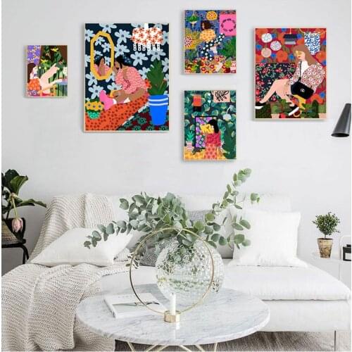 Abstract Fashion Vintage Girl Plant Dog Wall Art Canvas Painting Nordic Posters And Prints Wall Pictures For Living Room Decor