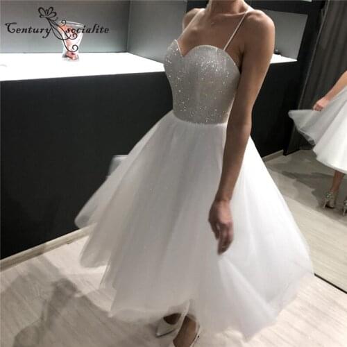 Sparkle Wedding Dresses Short Tea-Length Sweetheart Lace Up Back Plus Size Bridal Gowns Spaghetti Straps Tulle Vestido De Novia