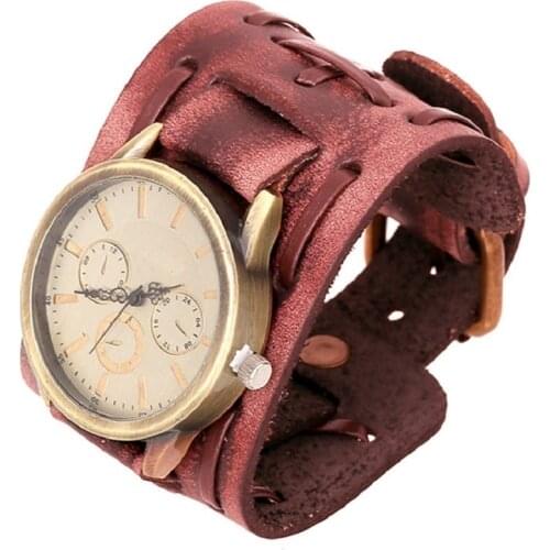 Gnova Platinum Japanese Movement Vintage Punk Genuine Leather Bracelet Wristwatch Wide Band Strap Quartz Watch MEN A361