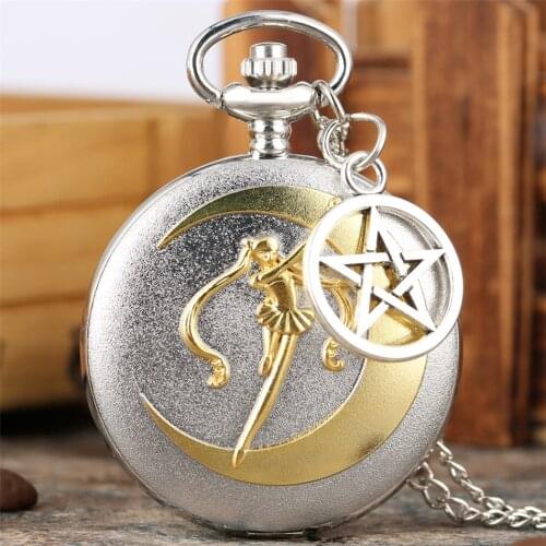 Silver Gold Sailor Moon Theme Quartz Pocket Watch Lovely Japanese Anime Necklace Watch Roman Numerals Display Pendant Clock