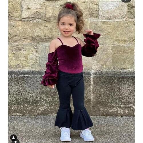 Girls Kids Fashion Clothes Suit Solid Color Suspender Long Sleeve T shirt Tops Trumpet Pants Childrens Sets 2pcs