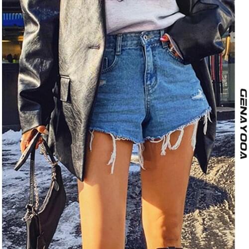 Genayooa Streetwear Korean Style Denim Shorts High Waist Cotton Short Feminino 2021 Summer Tassel Cool Mini Shorts Blue