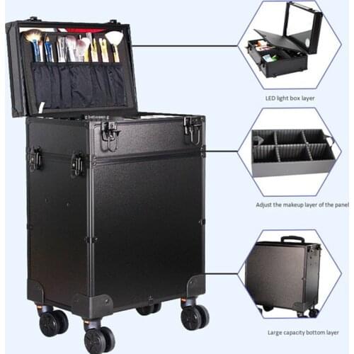 Aluminum frame PVC cosmetic bag mirror LED light trolley beauty case makeup artist nail tattoo toolbox contact suitcase travel