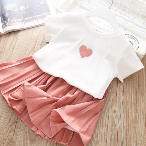 2021 Summer Fashion New Girls Set Childrens Clothing Love Print Short-sleeved T-shirt + Pleated Skirt Baby Girl Clothes Suit