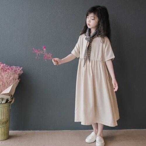 Cotton button maxi long big girl dress 2019 summer loose kids Beige princess Party Frocks Fashion children teenage Girl clothing