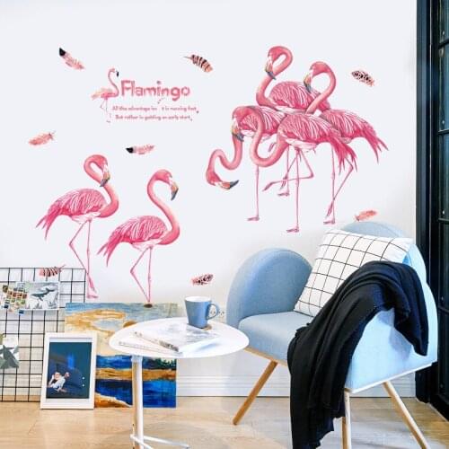 INS Pink Flamingo Feather Wall Stickers for Living Room Bedroom Childrens Room Background Wall 3D Art Mural