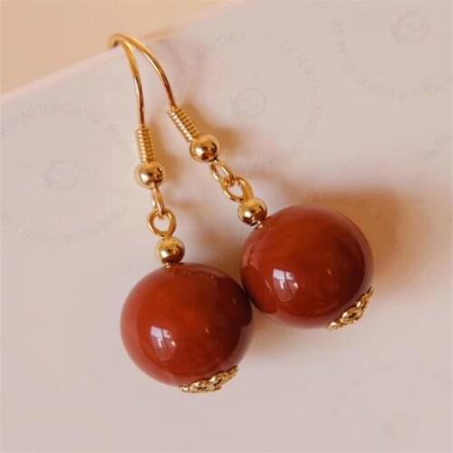 A pair 12MM Southern Red Agate Gemstone DIY Earrings 18K Ear hook Fashion Handmade Flawless Beautiful women Luxury Dangle simple