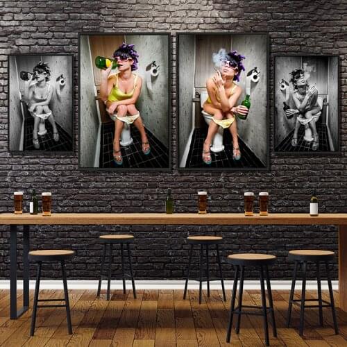 Modern Toilet Sexy Girl Smoking and Drinking Canvas Painting Black and White Posters and Prints Wall Art Pictures for Home Decor