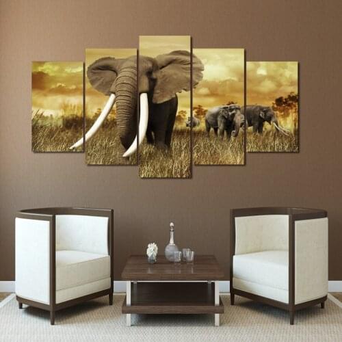 Modern Printed Poster Wall Art Modular 5 Panel Africa Elephants Landscape Frame Pictures Home Decor Living Room Canvas Painting