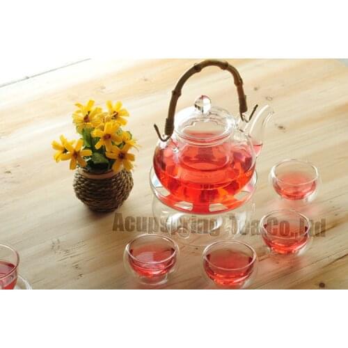 Bamboo handle 600ml Glass teapot with infuser/filter+ 4/6 Cups + Warmer+candle,tea set for Chinese/flower/green/black/puer tea