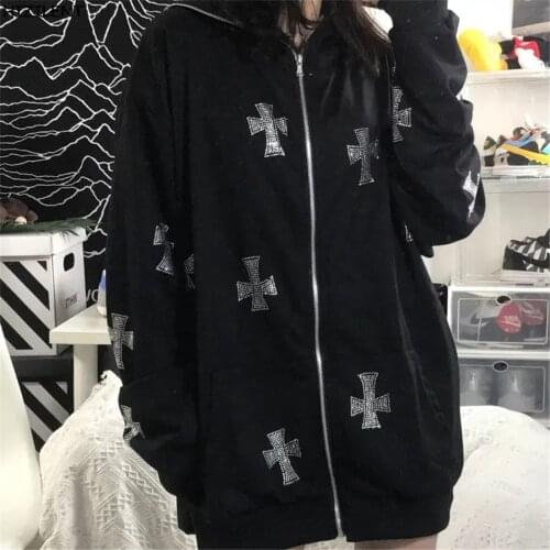 Rhinestone Gothic Streetwear Long Sleeve Black Zip Hoodie Y2k Hip Hop Joggers Sweatshirt Korean Fashion Punk Sport Coat Pullover