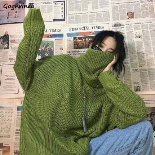 Women Pullovers Turtleneck Winter Hip Hop European Knitted Loose Oversize Sweater Streetwear Fashion Solid Ribbed Warm Tops Chic