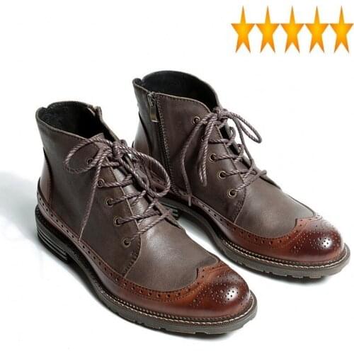 Top British Mens Brogue Genuine Leather Ankle Boots Fashion Lace Up Round Toe Calzado Hombre High Quality Safety Shoes