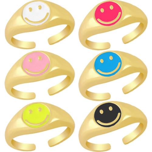 Candy Color Enamel Smiley Face Thick Ring Simple Copper Metal Finger Rings For Women Girl Summer Lucky Jewelry Gift