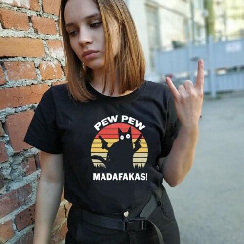 Funny Pew Pew Madafakas Cat Gangster with Gun Meme Retro Humor Tops Cute Anime Cartoon Graphic TopsCasual Cotton Unisex Tee