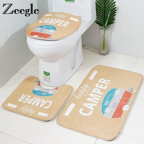Zeegle Cartoon Bus Bath Mat 3Pcs Bathroom Rug Set Soft Absorbent Bathroom Carpet Pedestal Pan Toilet Lid Seat Cover Bathroom Mat