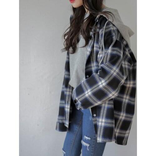 Woman clothes spring and autumn hooded plaid casual shirt plaid shirt