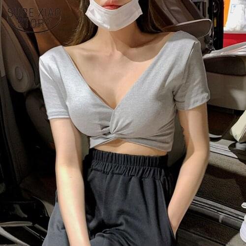 Korean New Chic Cross-twisting Top Pleated Design V-neck Short-waisted T-shirt Women Cotton Short Sleeve Sexy Streetwear 12978