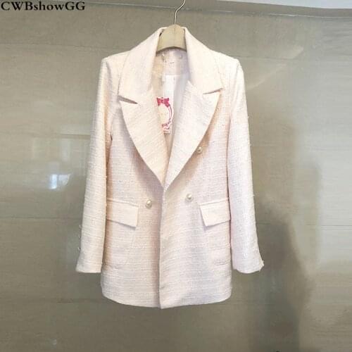 CWBshowGG Spring high quality stars with the same long sleeve white pearl small fragrance Double-breaste ladies tweed jacket top
