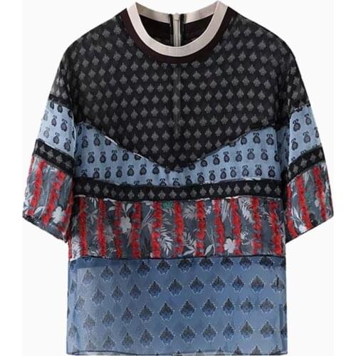 Women vintage t-shirt blue printed top chiffon women loose tops quality runway t-shirts