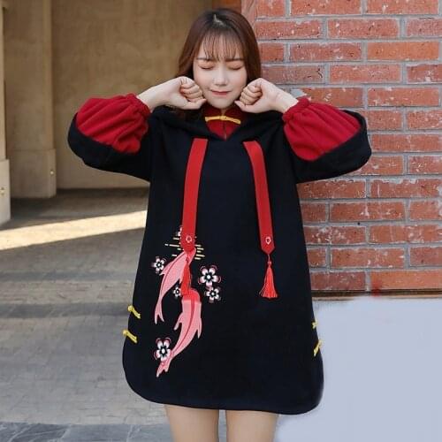 Harakuju Women Hooded Sweatshirts Fall Winter Long Sleeve Hit Color Femme Chinese Style Embroidery New Year Hoodies 11388