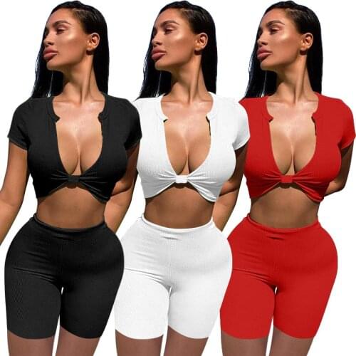 S-XL Women Cothing Summer Short Outfit Solid Color Sexy Ribbed v Neck Crop Top Two Piece Set Wholesale Dropshipping