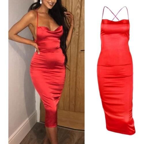 Women Sexy Halter Bodycon Satin Midi Dress Cross Bandage Backless Party Clubwear F3MD