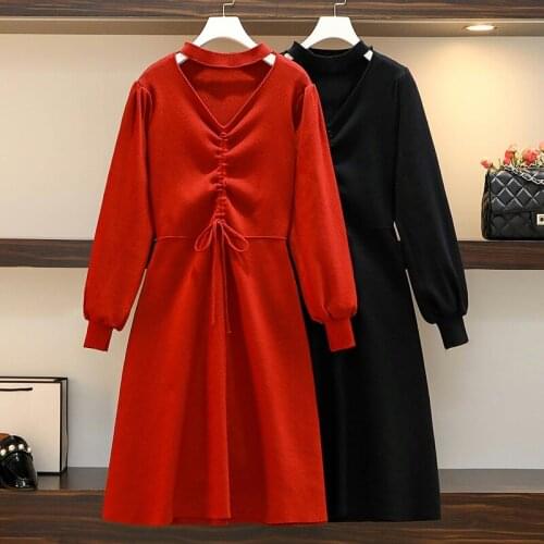 Women Autumn Loose Long Dresses 2021 Large size Solid V Neck Knitted Sweater Dress Female Long Sleeve Casual Dress Robe Femme