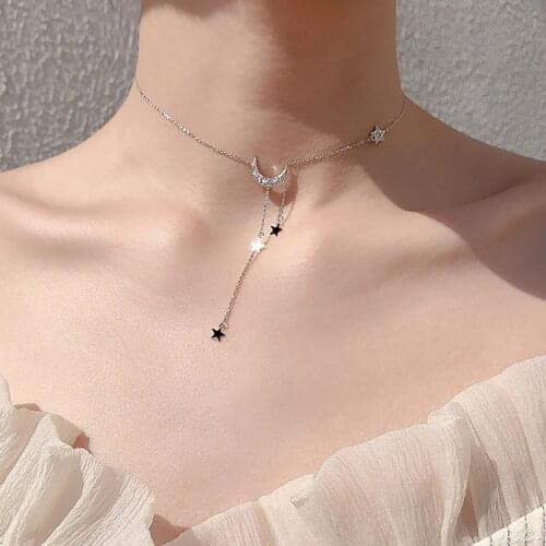 Foxanry 925 Sterling Silver Charm Necklace for Women New Trendy Sparkling Zircon Moon Pendant Clavicle Chain Bride Jewelry