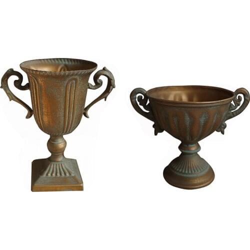 Gold antique farmhouse handcrafted metal trophy flower urn