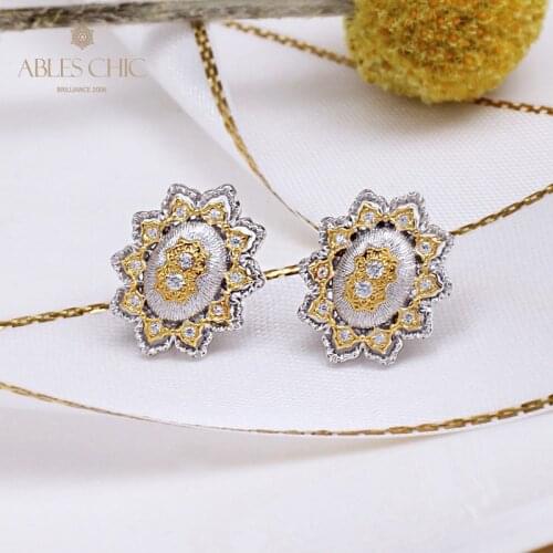 925 Sterling Silver Blossoms Flower Earrings Iconic Micro Paved CZ Stud Earring Yellow Gold Tone Renaissance Jewelry C11E4S25262