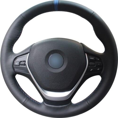 Black Natural Leather Blue Marker Car Steering Wheel Cover for BMW F30 320i 328i 320d F20
