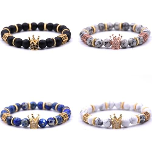 Women Men Crown King Queen Charm Bead Bracelets Bangle White Stone Jewelry Gifts