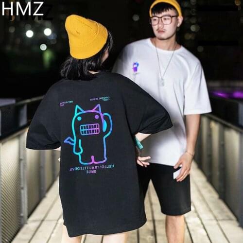 HMZ Oversize T Shirts Cartoon Print Reflective Rainbow T Shirts Harajuku Streetwear Top Tees Cotton Casual Half Sleeve Clothing