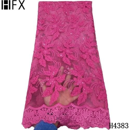 HFX African lace fabric 2021 fuchsia pink High Quality Embroidered Sequin Lace french Tulle Lace Fabric For Nigeria Party H4383