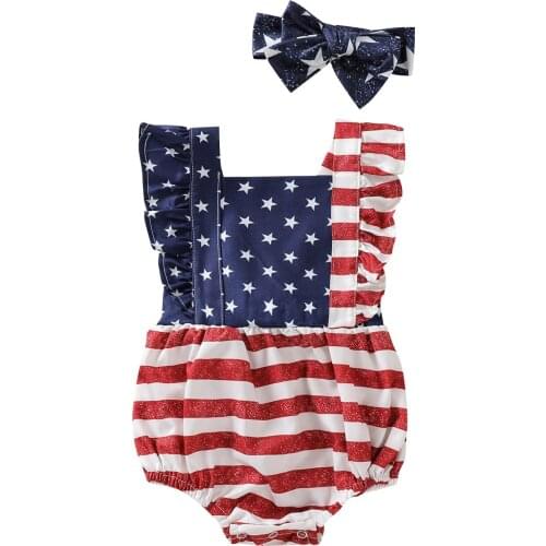 2021-03-17 Lioraitiin 2Pcs Set 0-18M Baby Girl Romper Headband Star Stripe Print Square-Neck Sleeveless Infant Independence Day