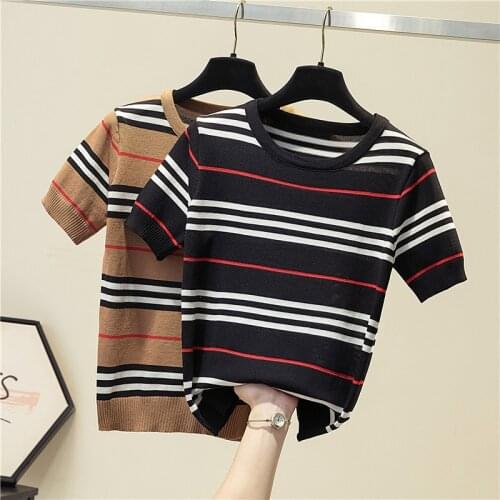 LJSXLS 2021 Summer Ice Silk Jumper Short Sleeve Knitted Sweater Women O Neck Thin Slim Striped Sweater Korean Pullover Clothes