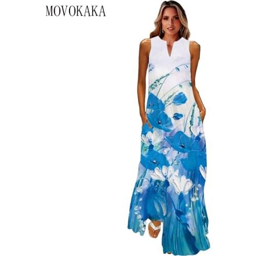 MOVOKAKA Fashion Blue Maxi Dress Women Summer Beach Floral Print Vintage Elegant Dress 2021 Casual Sleeveless Vestidos Dresses