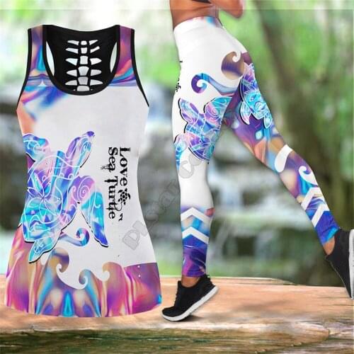 Sea turtle Polynesian 3D Printed Hollow Out Tank Legging Suit sexy Yoga Fitness Soft Legging Summer Women For Girl 04