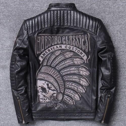 DHL Free Shipping Mens Motorcycle Real Leather Black Jacket Genuine Cowhide Autumn Skulls Embroidery Short Natural Bikers Coat