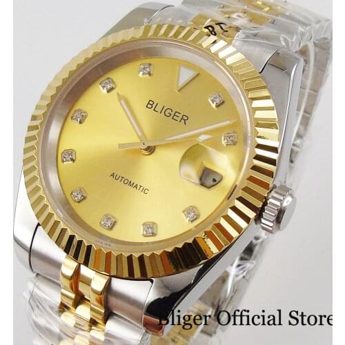BLIGER Gold Plated Mechanical Men Watch 21 Jewels MIYOTA 8215 Jubilee Strap Folding Clasp Sapphire Glass Screw Down Crown