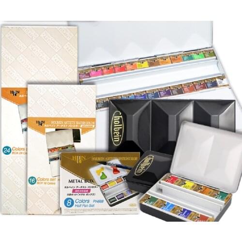 Japanese Original Holbein Artist Transparent Solid Watercolor 8 16 24 Color Heavy Enamel Tin Palette Set Painting Supplies