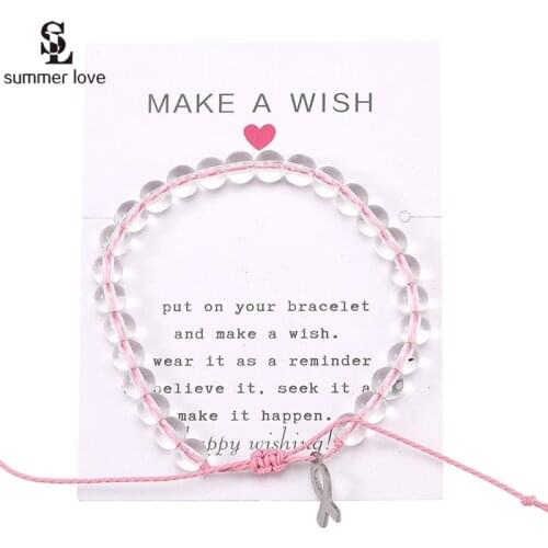 2021 New Breast Cancer Awareness Bracelet for Women Gifts Adjustable Pink Rope Stainless Steel Ribbon Charm Beaded Bracelets